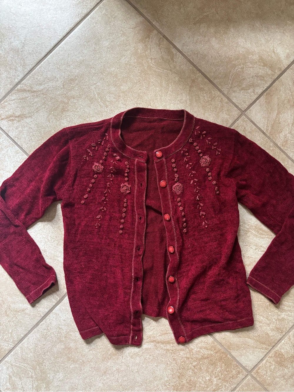 Women’s Embroidered Burgundy Button-Up Cardigan